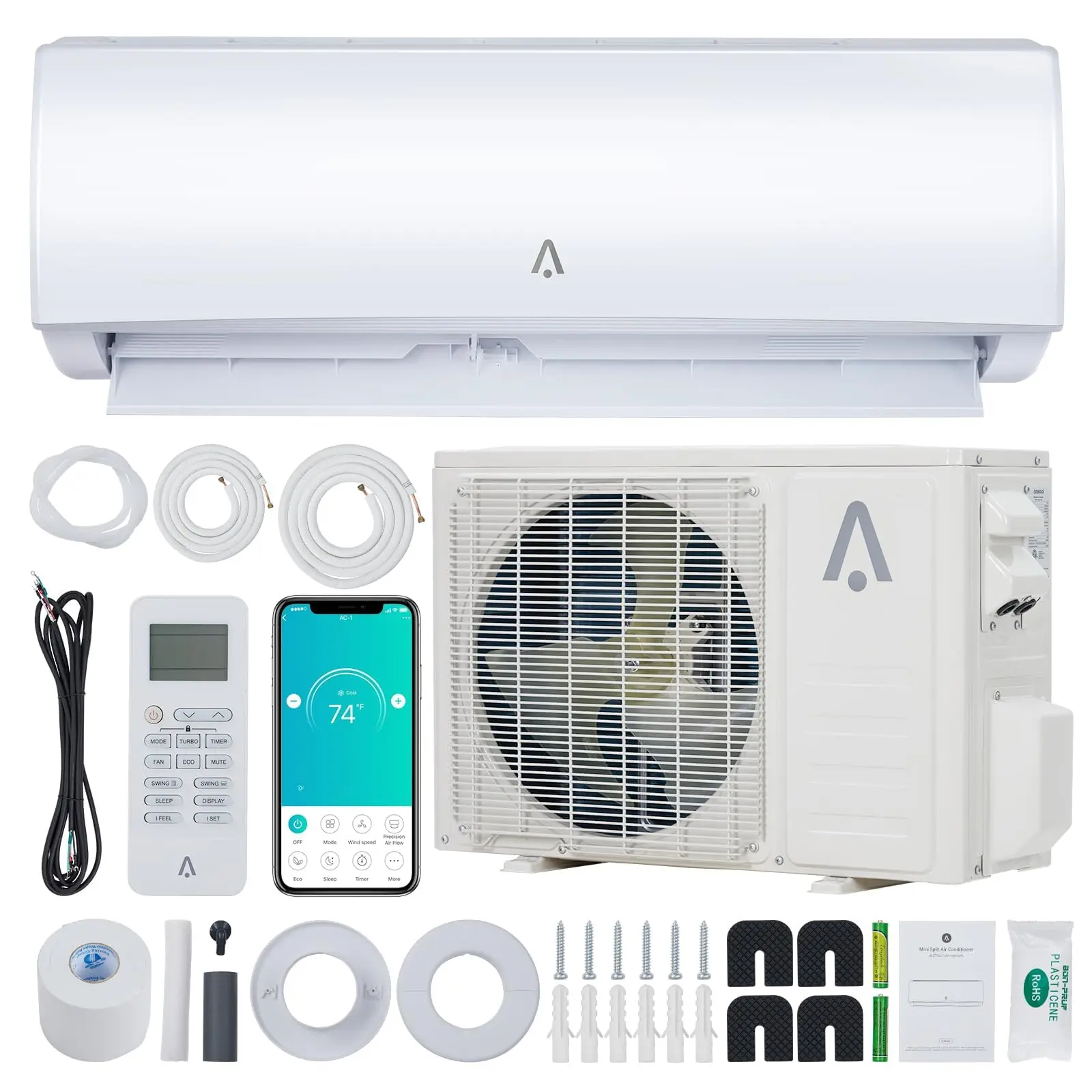 WiFi Enabled Split-System Air Conditioner, 12,000 BTU Ductless AC, R454B 19 SEER2 115V Inverter Heat Pump, Pre-Charged Condenser, Installation Kit, 750 Sq.Ft Coverage