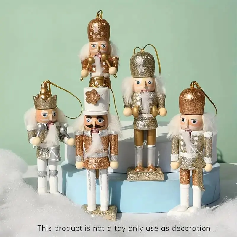 Handcrafted Wooden Nutcracker Figurines Set, Glittering Pendant Dolls for Christmas, Thanksgiving & Valentine's Day Decoration