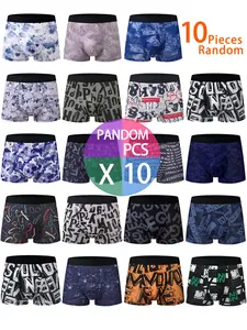 10 Pcs Random Pack Trendy Letter Print Men's Novelty Boxer Briefs, Colorblock Graffiti Four-Way Stretch Trunk, Youth High-Elastic Loose Fit Underwear