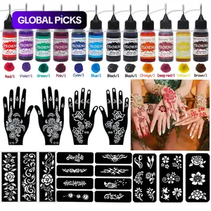 Hand Tattoo Stencil Set with 12 Temporary Tattoo Juice Ink Bottles, Multi-Pack, Non-Flammable, Includes Purified Water, Ethanol, Glycerinum & Propylene Glycol, Temporary Tattoo Kits, Tattoo Supplies