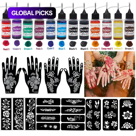 Hand Tattoo Stencil Set with 12 Temporary Tattoo Ink Bottles, Multi-Pack, Non-Flammable, Safe Ingredients (Purified Water, Ethanol, Glycerin & Propylene Glycol), Tattoo Supplies #GLOBAL PICKS