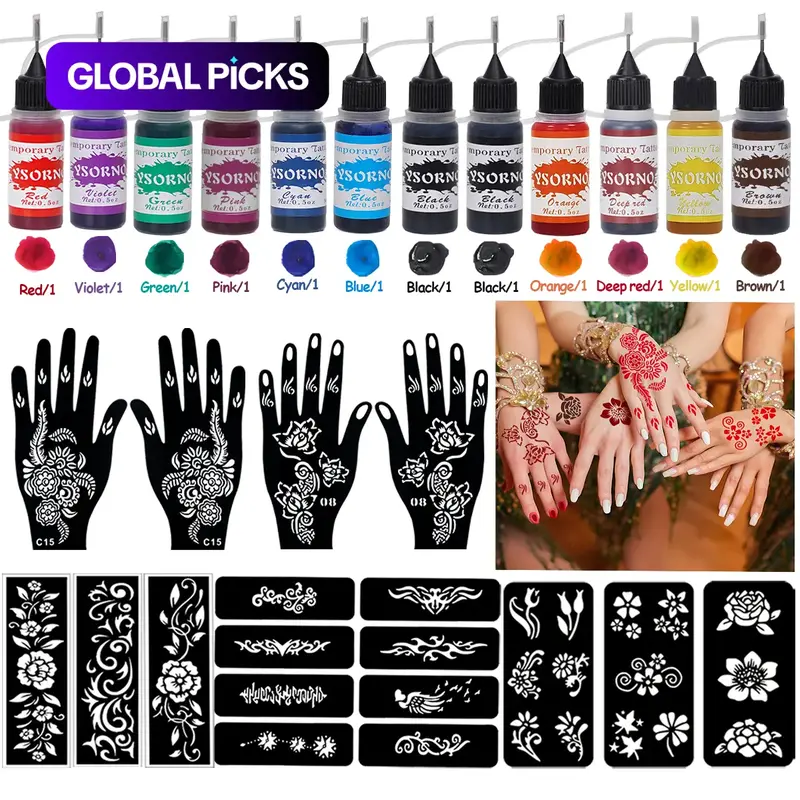 Hand Tattoo Stencil Set with 12 Temporary Tattoo Ink Bottles, Multi-Pack, Non-Flammable, Safe Ingredients (Purified Water, Ethanol, Glycerin & Propylene Glycol), Tattoo Supplies #GLOBAL PICKS