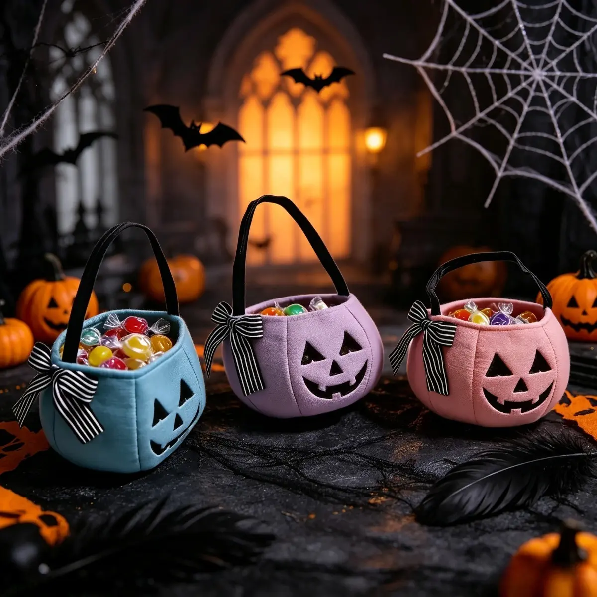 4 Pcs Halloween Plush Pumpkin Candy Buckets - Plush Super Soft Portable Baskets for Kids' Trick-or-Treat, Halloween Candy Storage & Party Supplies