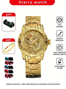 Men's Two-Piece Timepiece Set, Full Engraving Dragon Design, Elegant Mechanical Watch, Unique Feng Shui Wealth Attraction