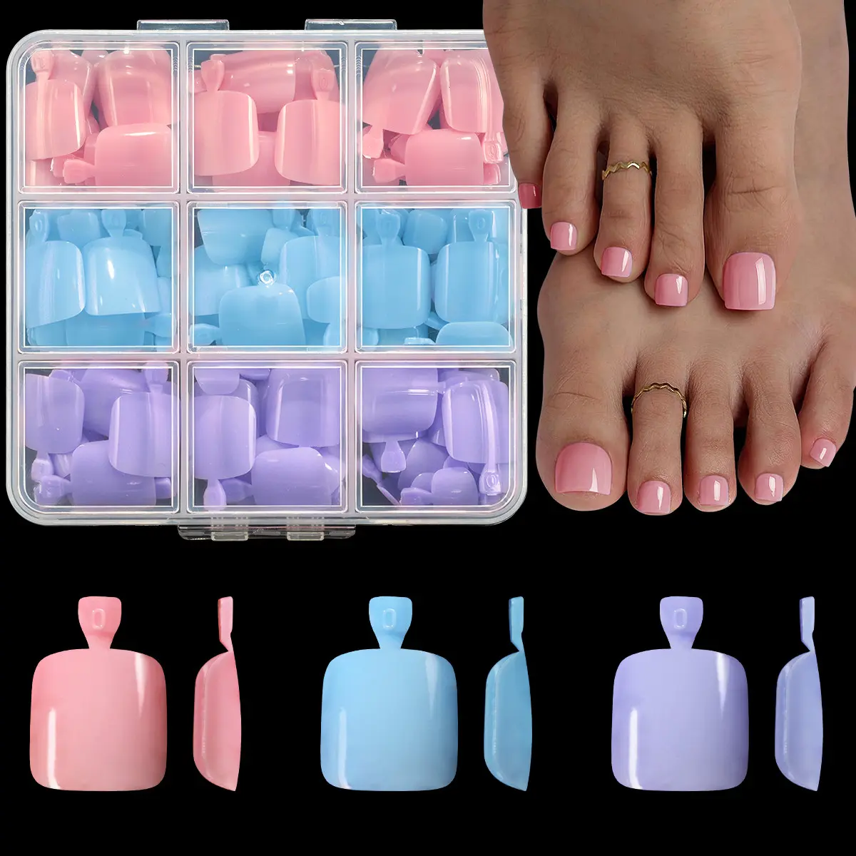 216pcs Short Square Blue Press-On Toe Nails, Glossy Full Coverage Removable Nail Tips, Ideal for Daily Use and Party Events