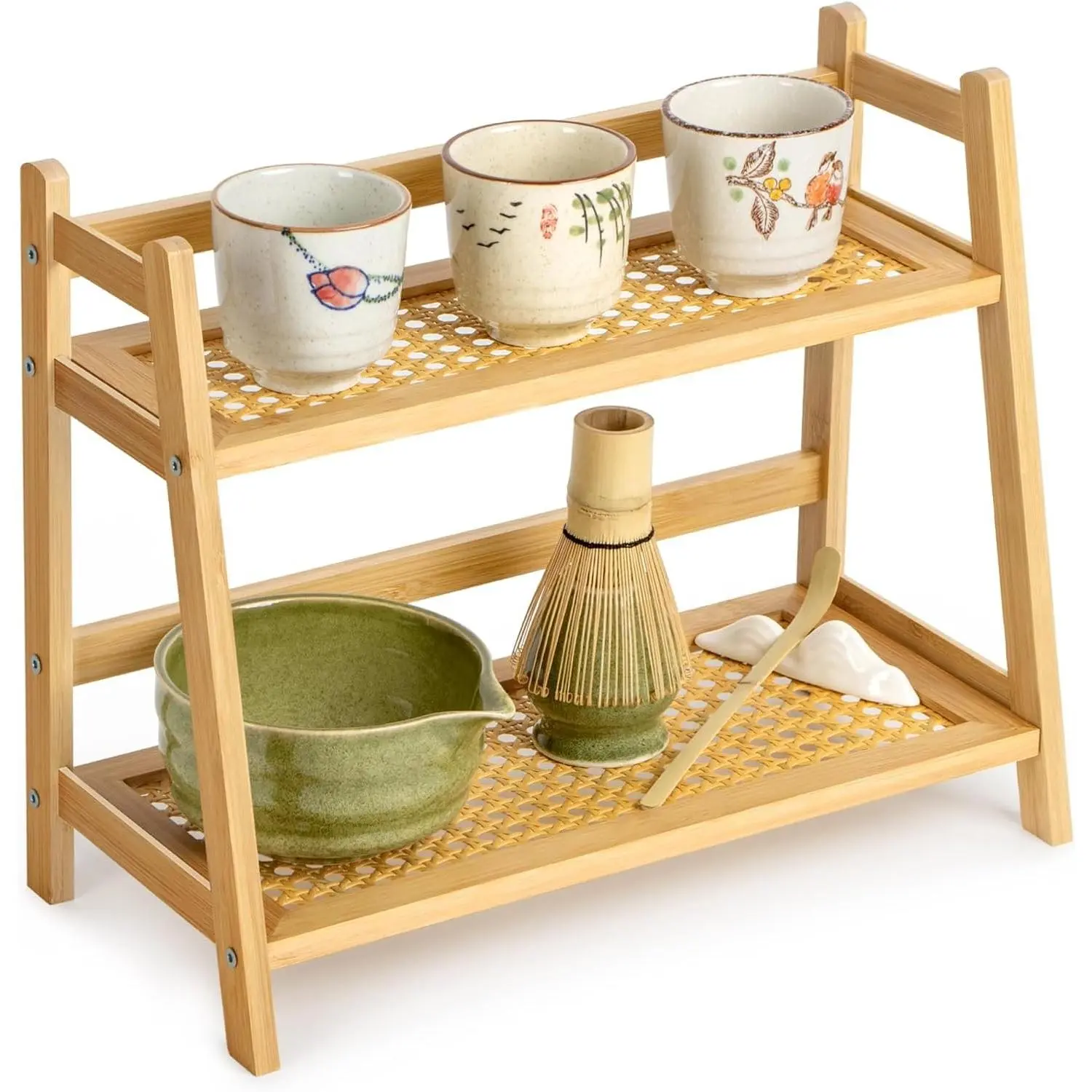 Matcha Station Organizer, Countertop Bamboo Coffee & Tea Station | Rattan-Look 2 Tier Mug Holder Display Stand for Kitchen Condiment, Coffee Accessories, Home, Office