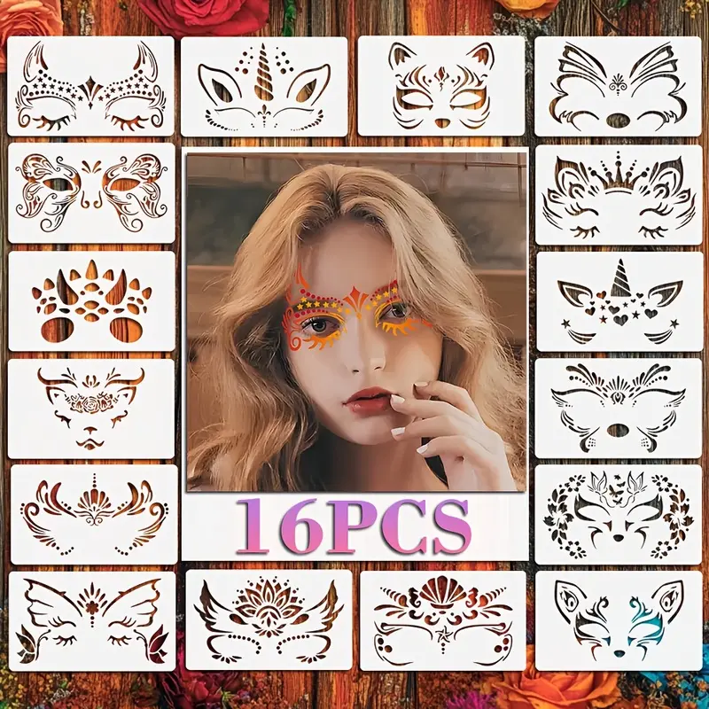 16-piece reusable face and body paint stencil kit, face tattoo painting templates for face painting, party makeup, festival tattoo templates, DIY art designs, hollow patterns (16 pieces - mixed 1)