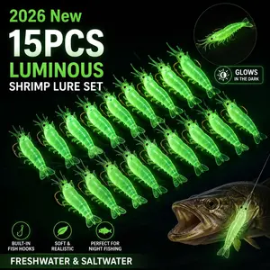 2026 New 15pcs Luminous Shrimp Lure Set, Luminous Soft Plastic Bait with Fish Hooks, Night Fishing Gear for Freshwater and Saltwater