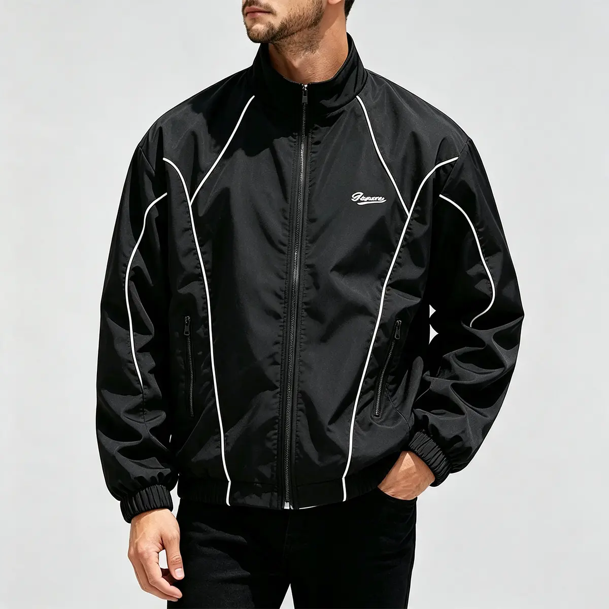 Men's Vintage Stand-Collar Full-Zip Track Windbreaker Jacket - Line-Detail, Contrast Piping Trim, Embroidered Chest Graphic, Secure Side Zip Pockets, Elastic Ribbed Cuffs, Relaxed Fit for Urban Style, Hanging Out (Spring-Autumn Lightweight Menswear)