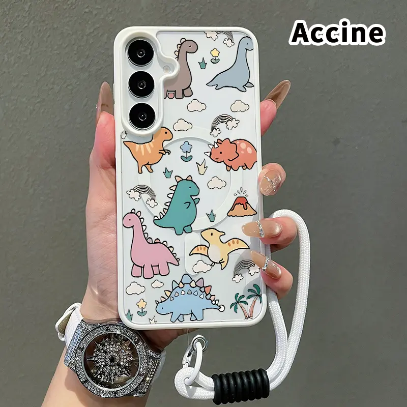 Magnetic Lanyard Phone Case Compatible with Samsung Galaxy S26 S23 Ultra S24 Plus S25 Edge S22+ FE Cartoon Dinosaur World Pattern Non-Yellowing Shockproof Soft Silicone Transparent Acrylic Cover Supports Wireless Charging.