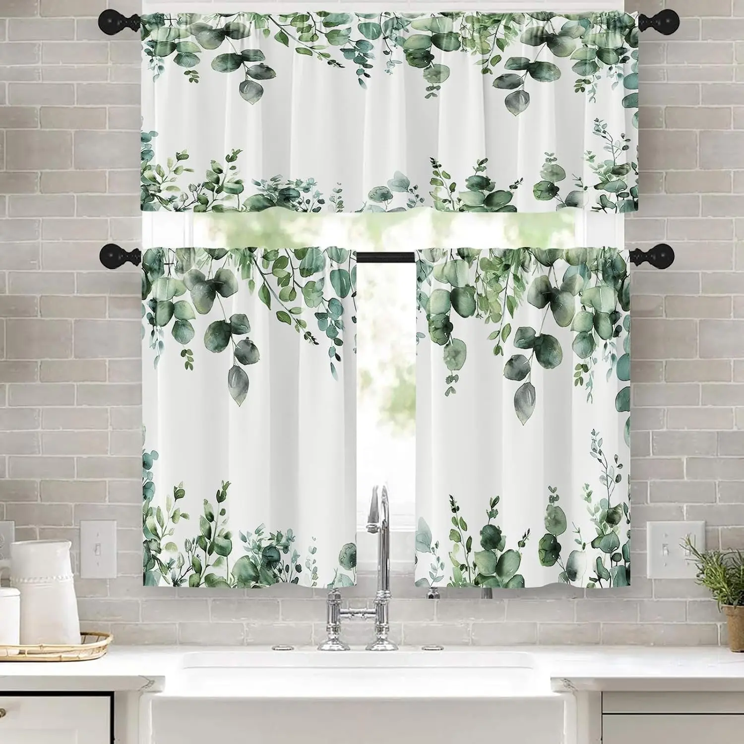 36-Inch Sage Green Watercolor Eucalyptus Leaves Kitchen Curtains Valance and Tier Set, Rod Pocket Short Drapes for Bathroom & Spring Summer Small Cafe Decor, Curtains for Kitchen