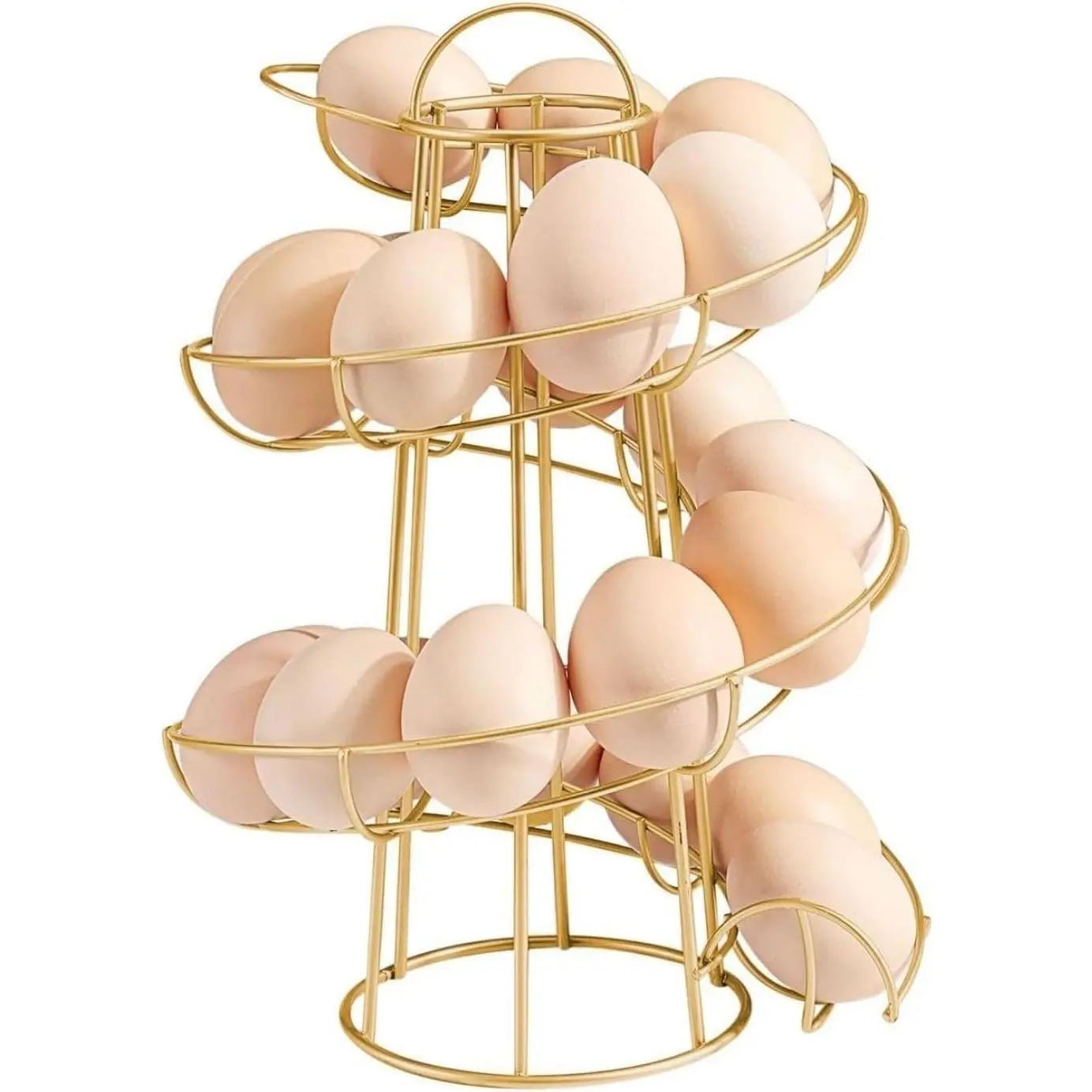 Egg Basket and Spiral Countertop Holder, 36-Egg, Gold Metal | Wire chicken egg basket and rotating skelter rack for fresh egg storage, with bottom basket and 36-egg capacity