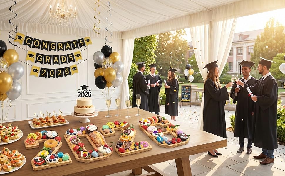 4PCS Wooden Graduation Decorations Number Charcuterie Board Box-(with 14 Balloons) 2026 Charcuterie Numbers Fillable Food Graduation Party Supplies