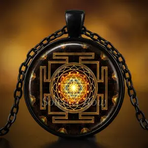 Sacred Sri Lanka Yantra Time Gem Pendant Necklace, Ornate Symbolic, Religious Embellishments, Traditional Style, Culturally-Inspired, Emblem Charm Fashion Accessory, Ornate Symbolic Necklaces, Religious Embellishments Necklaces