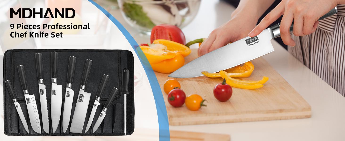MDHAND Chef Knife Set with Roll Bag, 9PCS Professional Knife Sets with Sharpener, High Carbon Stainless Steel Japanese Kitchen Knives - Black Pakkawood Handle, Dishwasher Safe, For Cooking, Chef Gifts