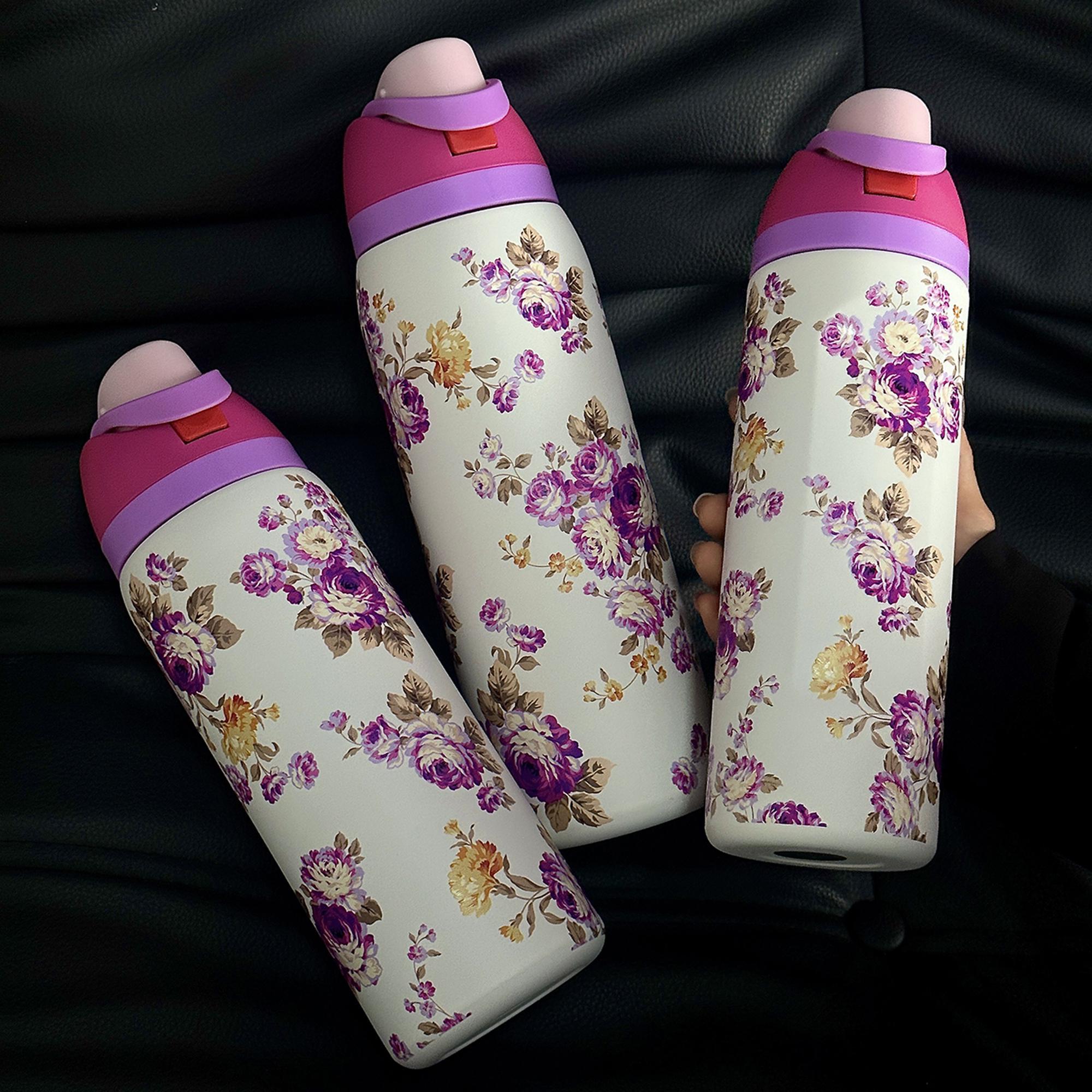 Floral Pattern Vacuum Flask, 1 Count 24oz/32oz/40oz Stainless Steel Insulated Water Bottle with Straw, Drinking Cup for Home Office School Outdoor, Drinkware Thermo Tumbler, Tumbler with Lid