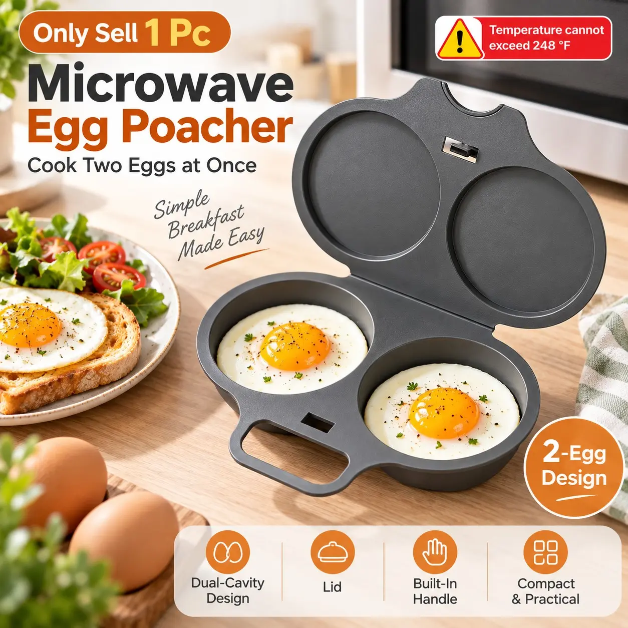 Microwave Egg Poacher, Easy to Clean Microwave Egg Steamer Mold BPA-Free, Dark Gray Dual-Cavity 2 Egg Cooker with Lid and Handle, Kitchen Egg Steamer, Boiled Egg Maker for Home, Office, Dorm and Travel