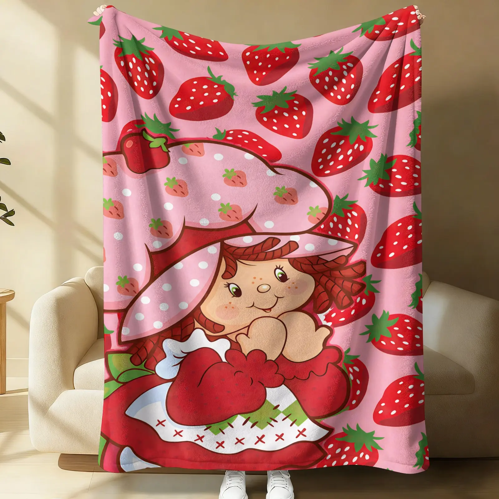 Cute Pink Strawberry Shortcake Flannel Throw Blanket, Oversized Lightweight Portable Soft Cover for Sofa Bed Office Nap Travel Camping Picnic Beach, Sweet Decor Blanket, Perfect Holiday Gift for Little Girls