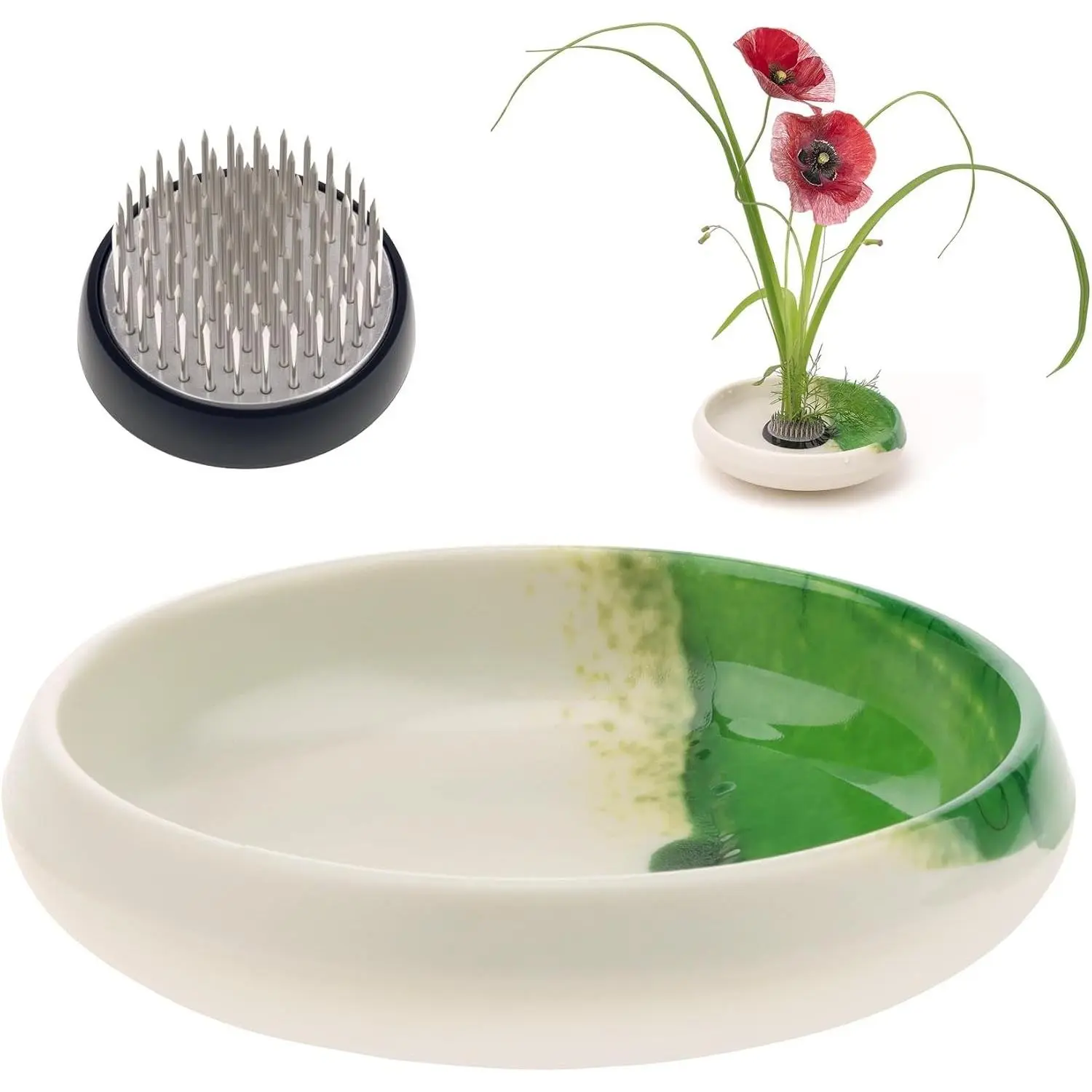 Woration Japanese Ikebana Vase & Flower Frog Kit, Floral Art 5.35inch White Bowl Pot with 1.57inch Kenzan for Flower Arrangement Desk Office Home Decoration