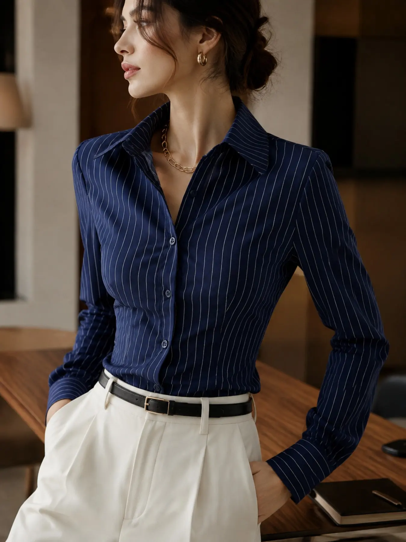 Women's Navy Striped Button-Down Shirt, Long Sleeve Slim Fit, Elegant Office Top, Fall Winter Casual Wear, Quiet Luxury Women's Clothing