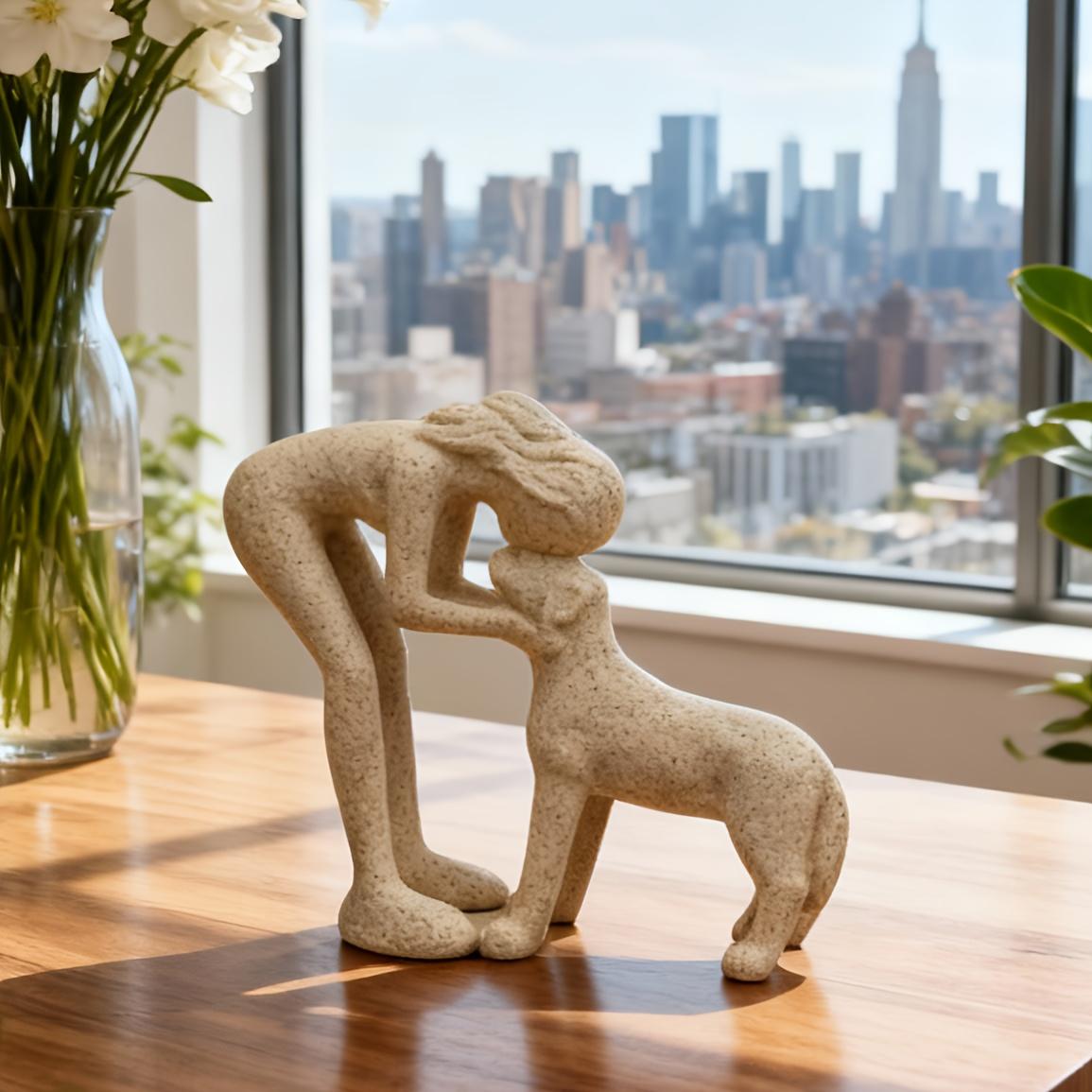 Woman Kissing Dog Resin Sculpture, Elegant Pet Interaction Art, Indoor Outdoor Home Decor, Durable Resin Figurine, Perfect Gift