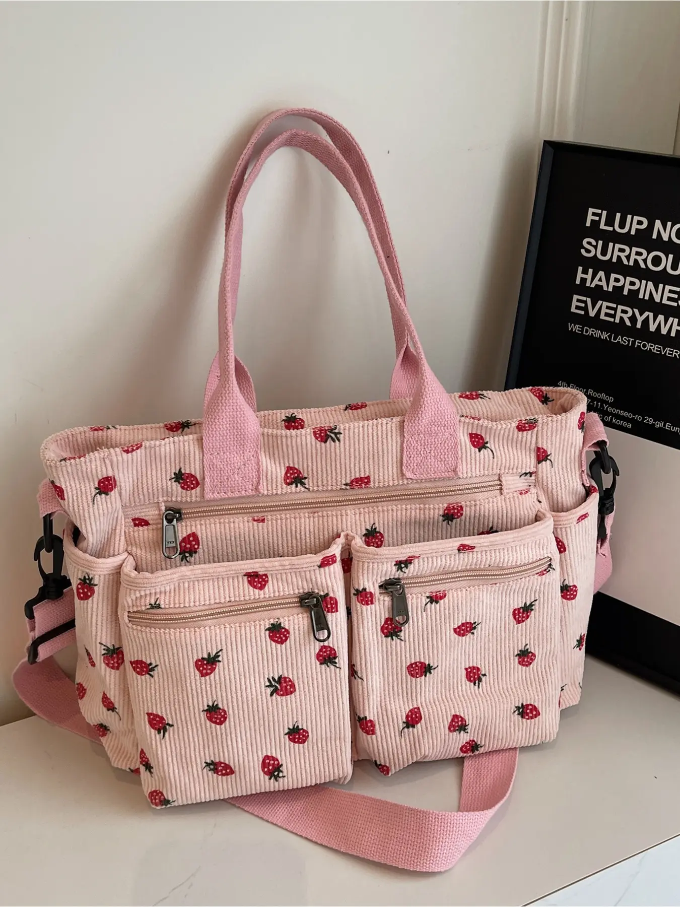 College Student's Strawberry Print Tote Bag for Class Large Capacity, Fits 14-inch Laptop Corduroy Handbag Stylish and Versatile Instagram-Inspired Commuter Crossbody Bag Spring/Summer New Arrival Women's Handbag