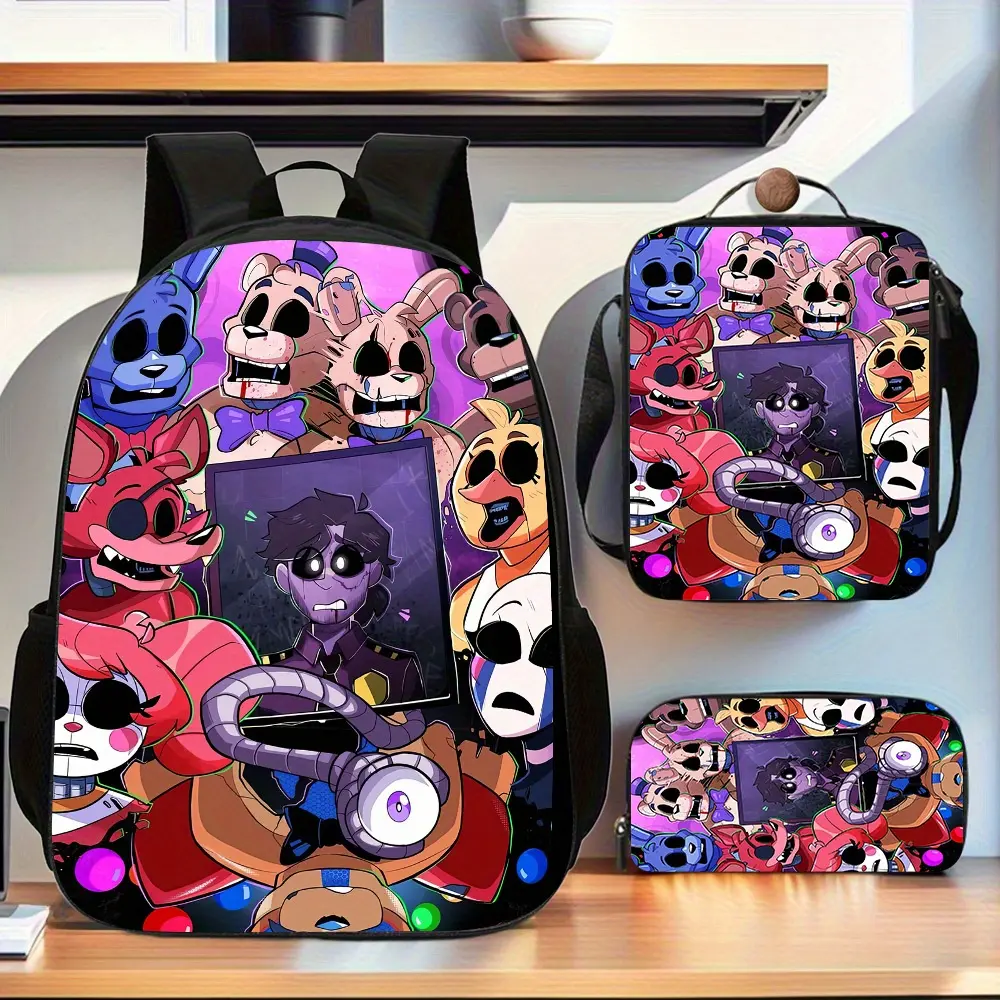 [Freddy Backpack Set] Freddy Backpack Set - 3pcs Large Capacity Casual Double Shoulder Backpack, Pencil Bag, and Lunch Box| Elegant Travel Bag with Random Printing, Hand Washable, Perfect for Daily Gift