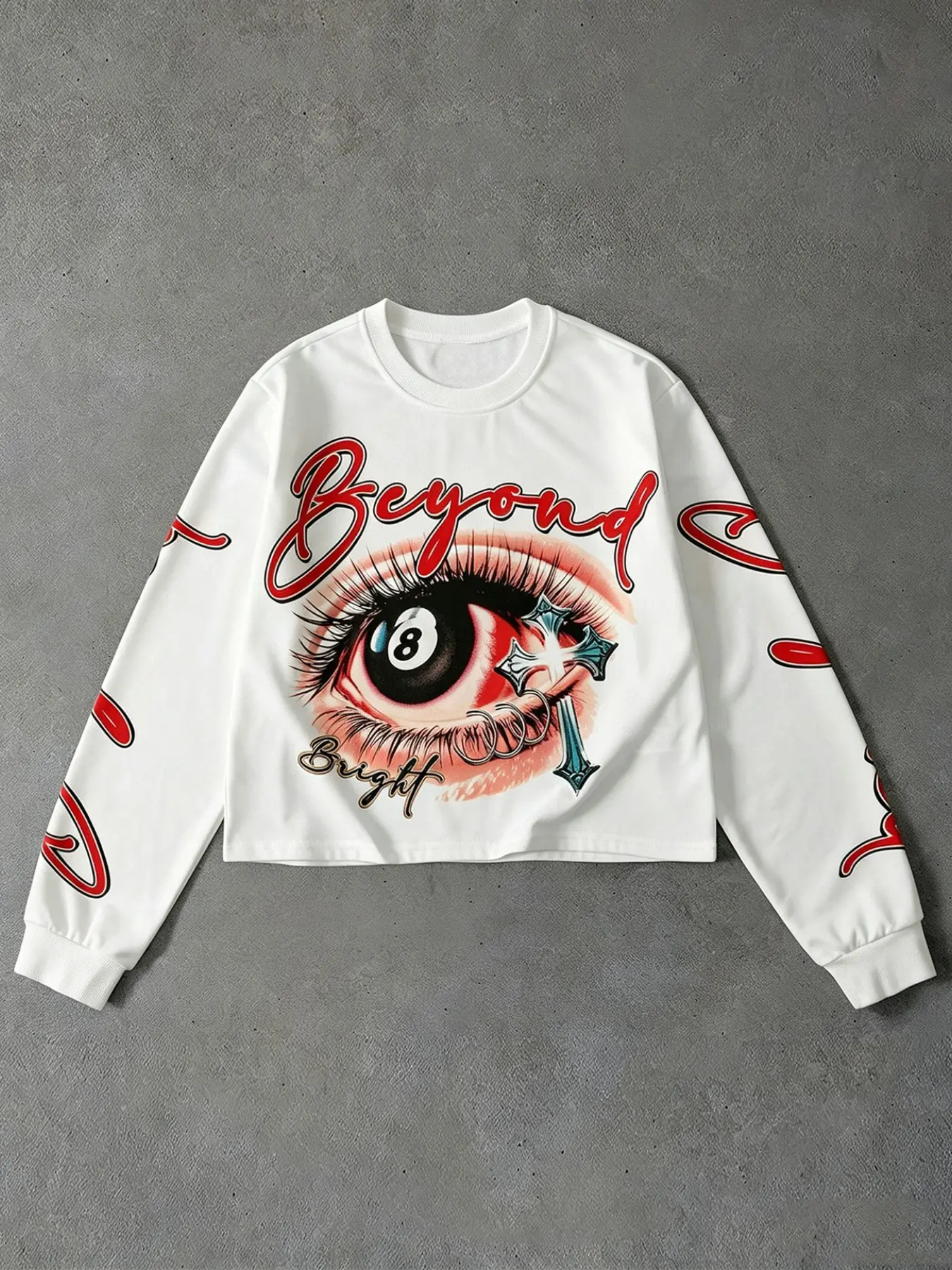 Long Sleeve Cropped Pullover, Gothic Eye Element Allover Print, Classic Rib Cuff Design, For Guys Hip Hop Style, Outdoor Hangouts And Trendy Streetwear Looks