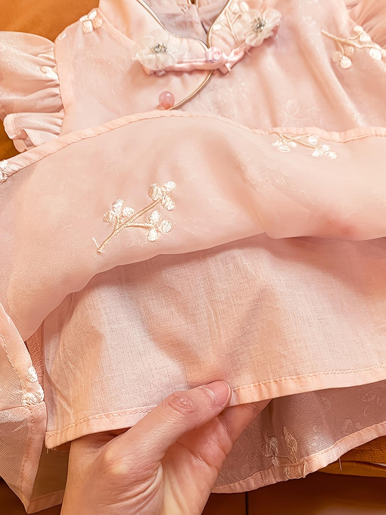 NewNew Style Children's Girls' Embroidered 2pcs Set, New Chinese Style "Mu Yun Sha" Princess Outfit, Three-Dimensional Flower Sleeveless Top + Elastic Waist Shorts, Super Sweet and Cute Pink Vacation Set, Lightweight and Comfortable, Perfect for Outdoor