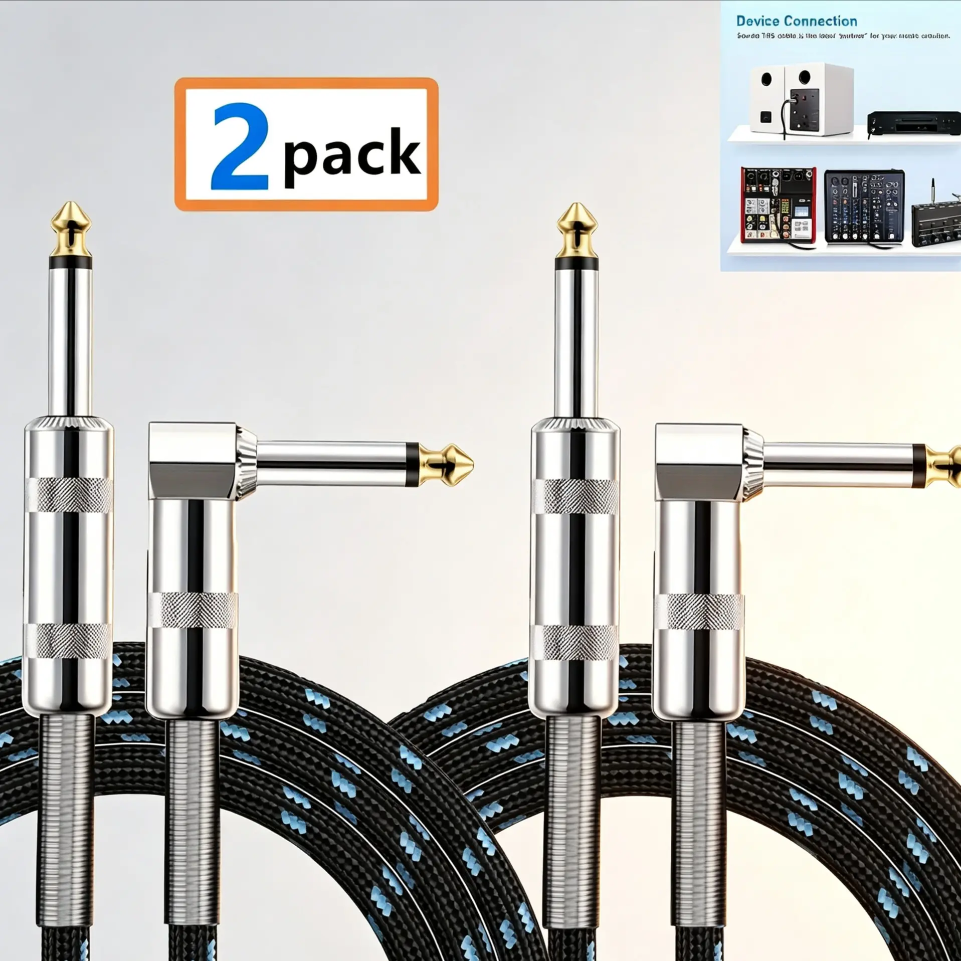 Right Angle Guitar Cable 2-Pack, 1/4 Inch Spring Connector, for Electric Guitar, Bass, Keyboard, Pro Audio Devices, Multi-Function Audio Cable