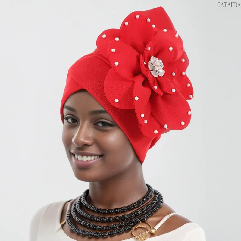 Women Fashion Pullover Headwrap, Vintage Pearl Decor Big Flower Solid Color Turban, Ethnic African Style Headscarf For Daily Matching,back to school,back to school haul