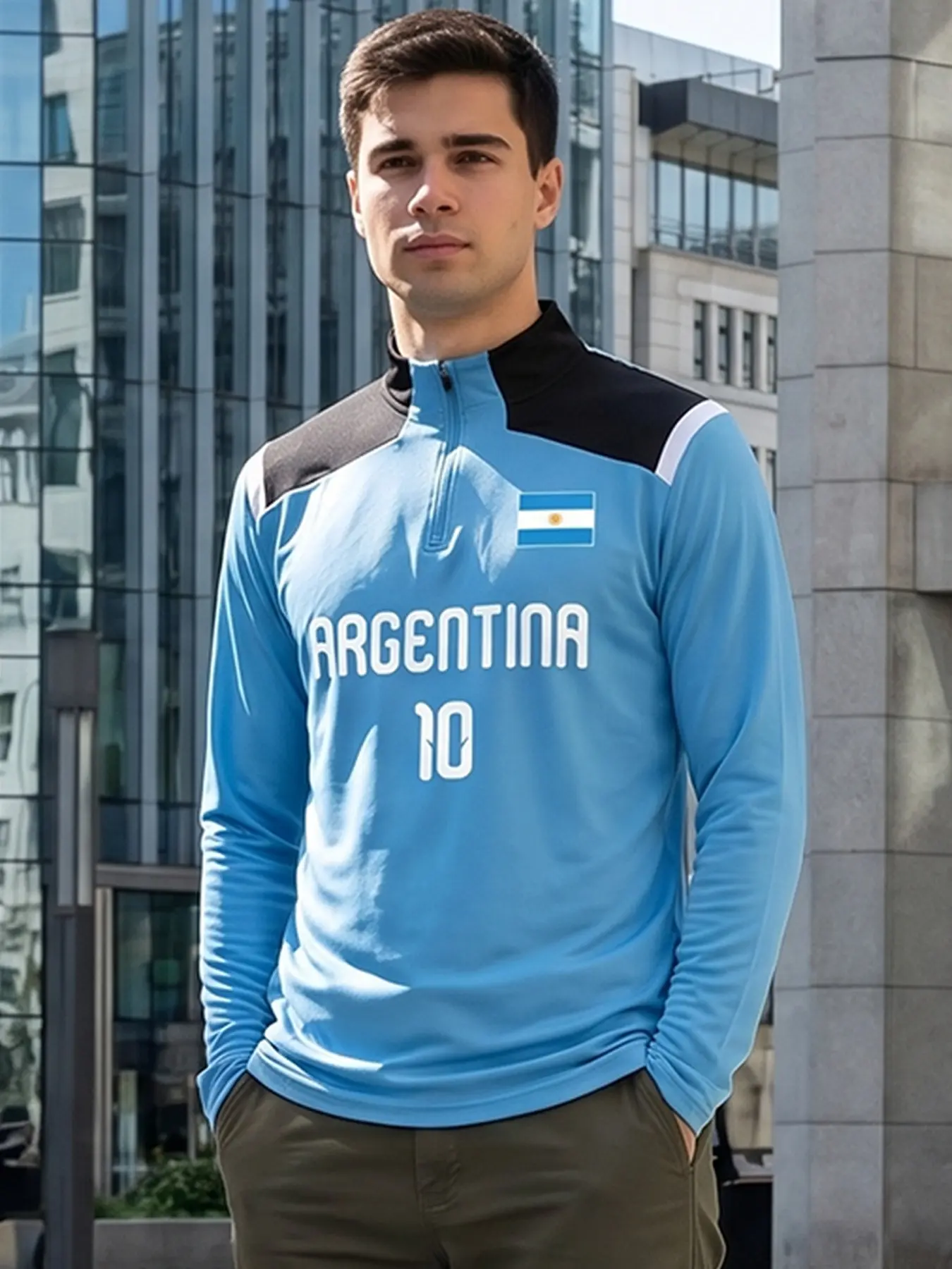 2026 Argentina Style Half-Zip Long Sleeve Soccer Jersey, Quick-Dry Breathable Moisture-Wicking, Fan Exclusive 10 Design, Match Day Gear, Breathable Athletic Top