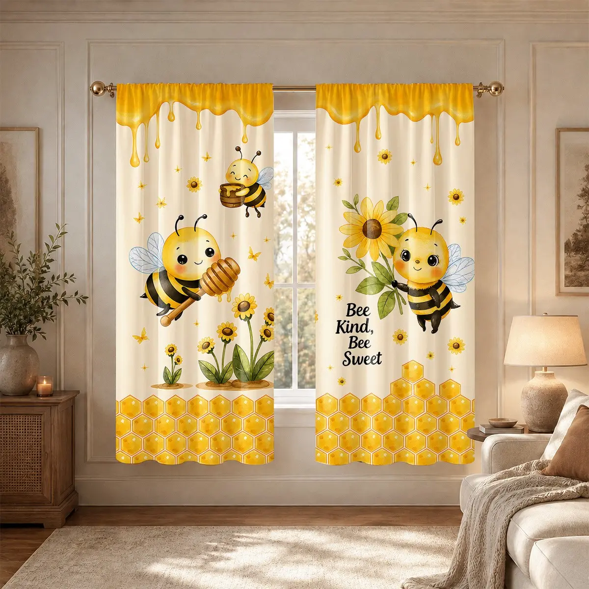 2pcs Honeycomb Watercolor Bee Print Bedroom Curtains, Pocket Rod Installation, Polyester Material, Suitable for Living Room, Kitchen, Bedroom, Office, Hotel