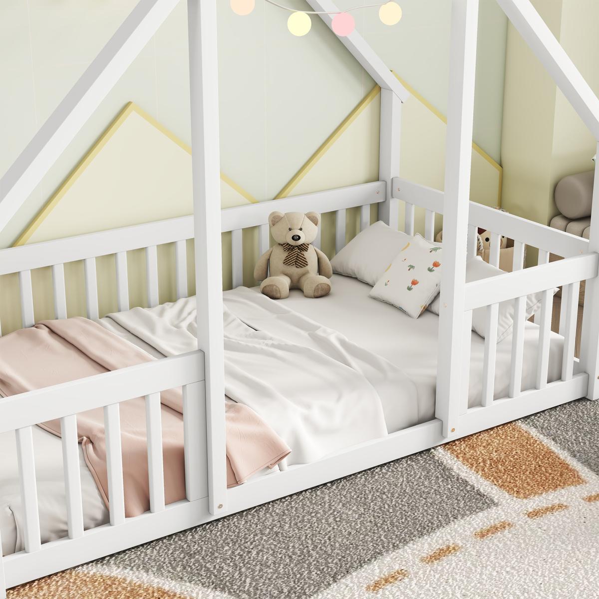 No mattress included.，Twin Wood House-Shaped Floor Bed with Fence, Guardrails ,Twin Size House Bed. Montessori Floor Bed Frame with Safety Guardrails & Playhouse Roof Easy Assembly Toddler Bed for Boys and Girls.