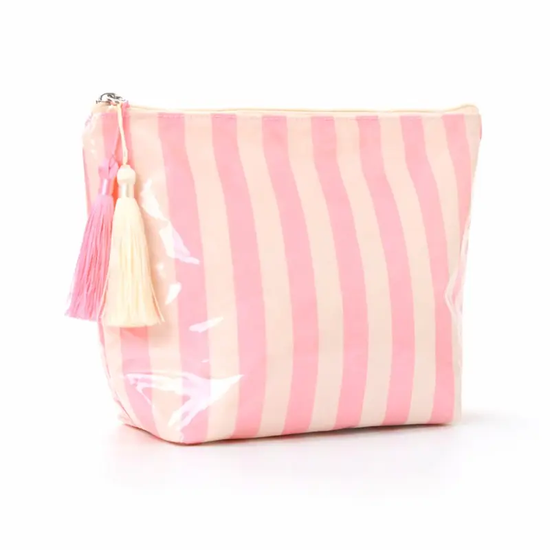 Pink white striped glossy cosmetic bag with tassel zipper, waterproof large capacity cosmetic bag, portable travel storage bag for women, Makeup Pouch, Travel Cosmetic Bags