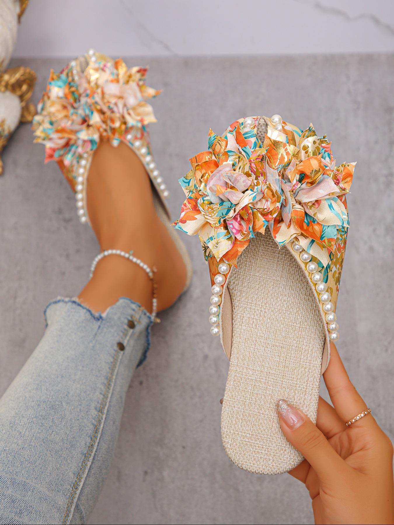 Elegant Women's Sandals with Cute Flower Decorations, Pearl Accents, Random Floral Prints, Round Toe Slip-Ons for Beach Vacation Office School
