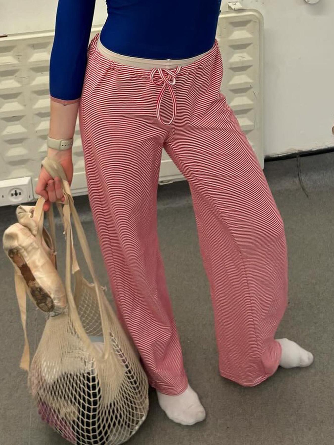 Women's Striped Print Drawstring Waist Pants, Casual Lounge Pants, Casual Wide Leg Trousers for Daily Wear, Ladies Bottoms for All Seasons, Comfortable trousers