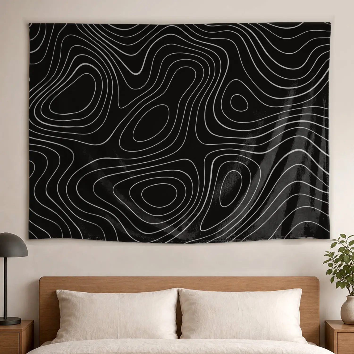 Minimalist Black and White Topographic Map Lines Wall Tapestry - Multi-Size Large Horizontal Polyester Artwork, Hippie Chic Home Decor for Living Room, No-Installation Indoor/Outdoor Gift Ready Decor, Bedroom Decor