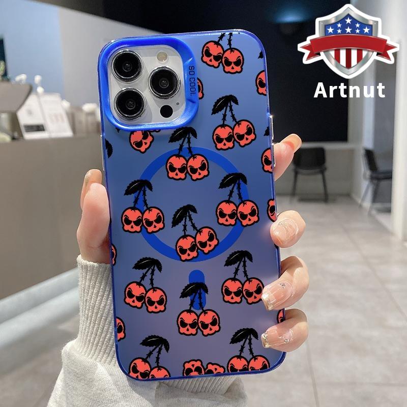 SKULL BERRY柄 iPhone16proカバー Skull Cherry Party Pattern Magnetic Phone Case for iPhone17 16 15