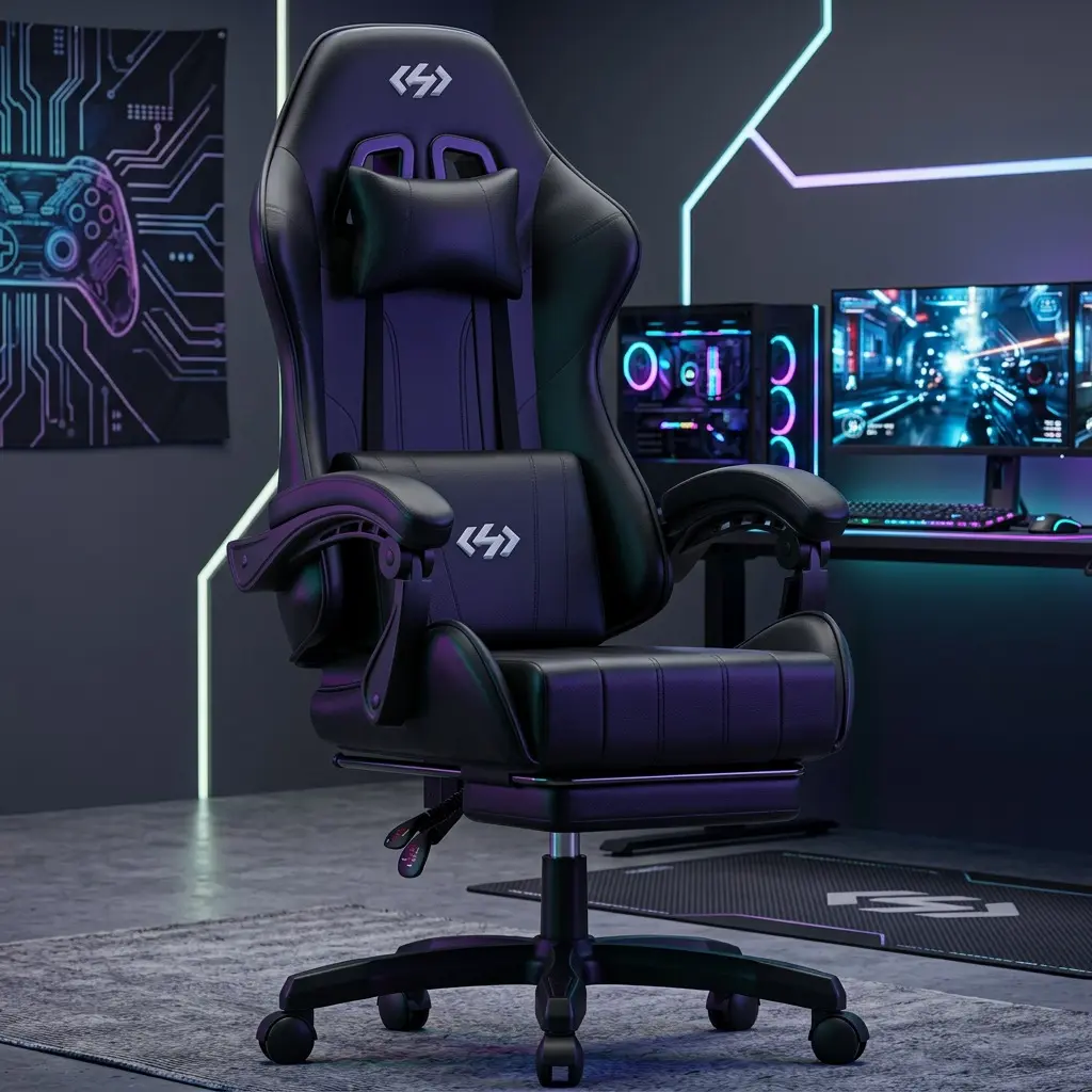 Black PU Ergonomic Gaming Chair with Pocket Spring Seat & Latex Lumbar Headrest, 90°-135° Recline Height Adjustable 360° Silent Swivel Computer Desk Chair with Retractable Footrest Linkage Armrest, BIFMA SGS Certified Heavy Duty 330LBS Game Office Chair f