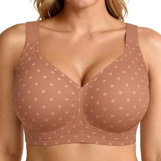 Women's Wireless Full Coverage Bra, Supportive No Underwire Comfort Bralette for Large Bust, Wide Strap Smooth T-Shirt Bra with Polka Dot Print, Deep V-Neck Everyday Lingerie, Wirefree Longline Bra for Work, Home, Travel and Daily Wear, Soft Cup Feel