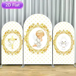 HS163 15-day 2D Flat Delivery Baptism Angel Cross Arch Backdrop Cover Elastic Fabric, Gold Ornament Dove Print Wrinkle Resistant, for Baby Baptism Christening First Communion Religious Ceremony Wedding Photo Booth Decoration
