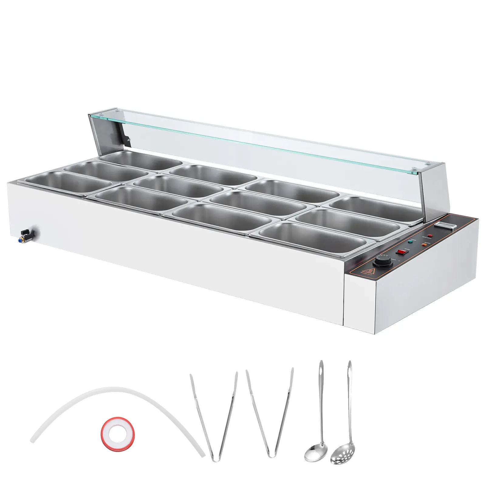 12-Pan Commercial Food Warmer, 12 x 5QT Electric Steam Table with Glass Cover, 3200W Countertop Stainless Steel Buffet Bain Marie w/ Thermometer 86-185°F Temp Control for Catering, Restaurants