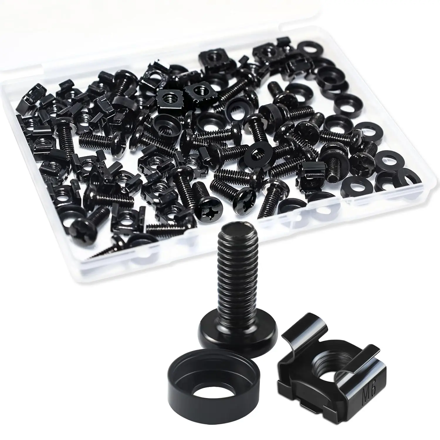 M6 Cage Nuts and Rack Screws Kit, 10-Pack | M6 x 16mm (M6-1.0) Cage Nuts & Screws for 19-inch Server Racks, 10 Sets with Washers, Industrial-grade Steel