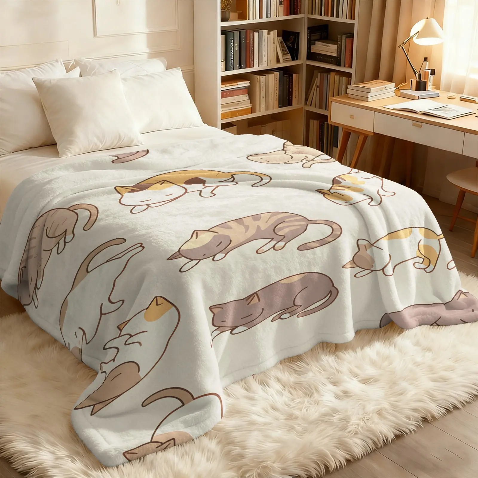 Minimalist Line Art Sleeping Cats Neutral Beige Tone Print Flannel Throw Blanket Soft Warm Lightweight Fleece Blanket Calming Aesthetic Home Decor Blanket for Sofa Bed Travel Camping Indoor Outdoor All Season Use