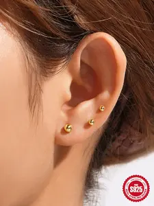 3pcs 925 Sterling Silver Flat Back Earrings for Women,Stud Cartilage Earrings for Sensitive Ears Cubic Zirconia Ball Earring Screw Back Helix Conch Piercing Sets Trendy Jewelry Gifts