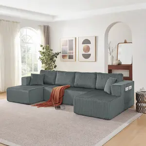 Aobtkel® 132" U-Shaped Modular Sectional Sofa (Sectional Couch), No-Assembly Comfy Corduroy Cloud Couch with Side Pockets, Modern Minimalist Memory Foam Sleeper for Living Room, Dark Grey