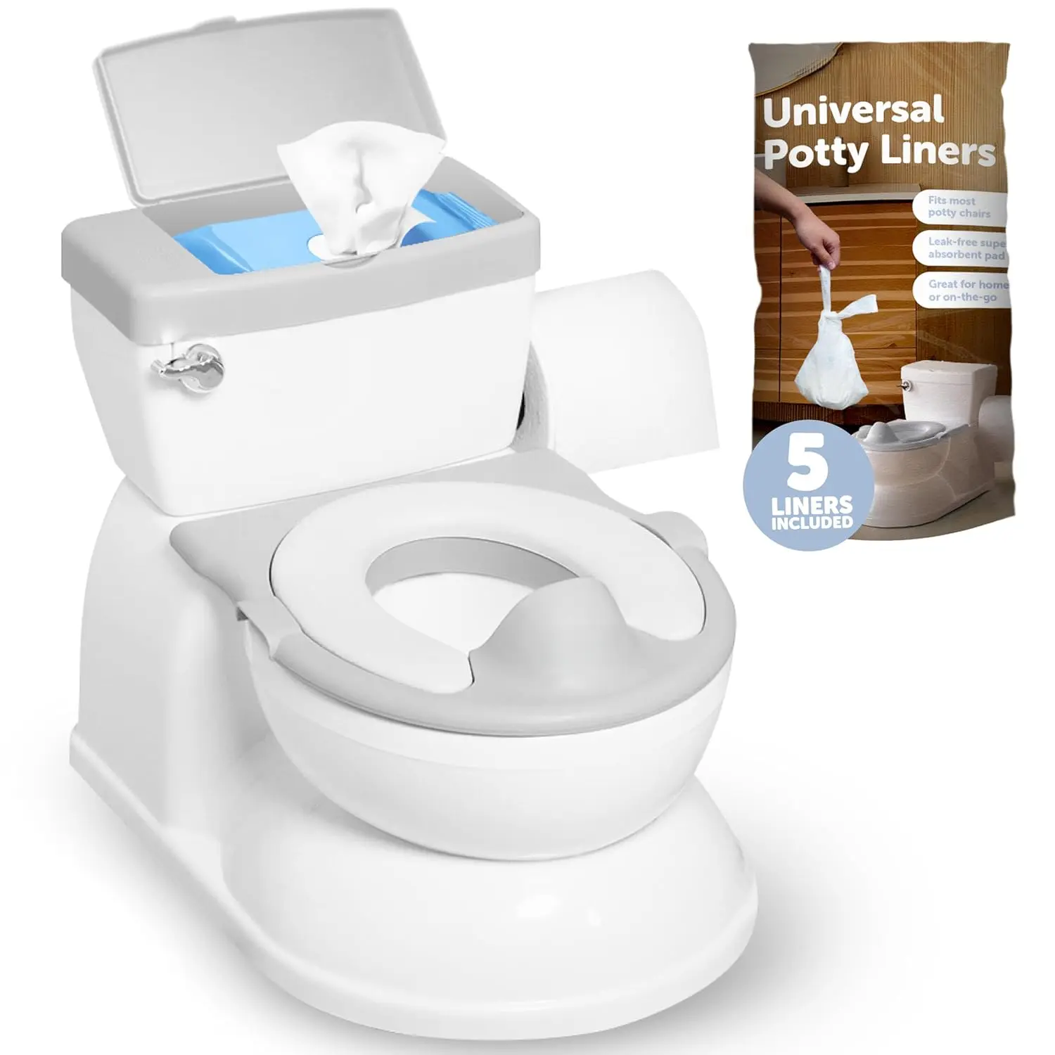 2-in-1 Potty with Wipes Storage, Flushing Sounds & Disposable Liners - Realistic Toilet - Easy to Clean & Assemble  (Gray)