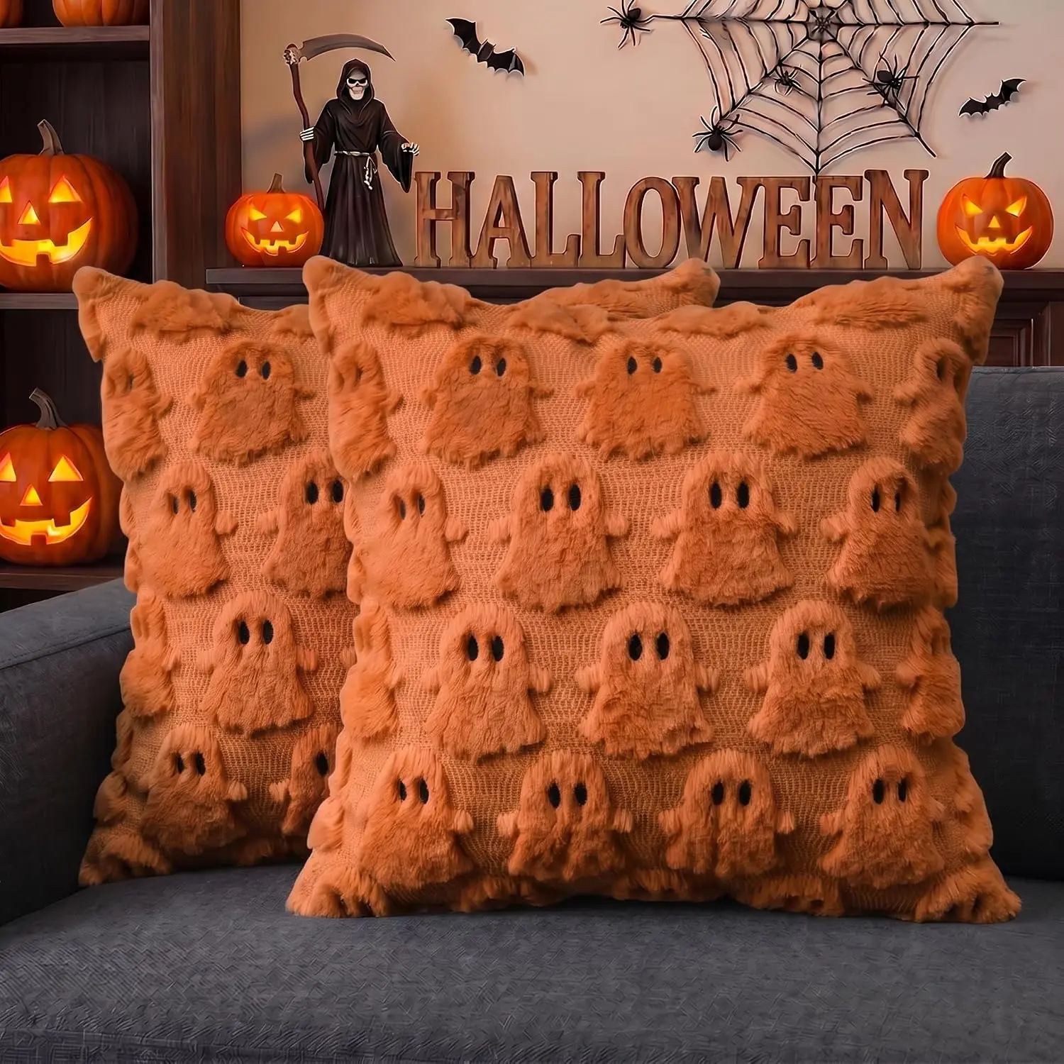 Halloween  Caramel Throw Pillow Cover Set of 2, 18 x 18 Inch Soft Plush Faux  Jacquard Spooky Cushion Case Decoration for Sofa Couch