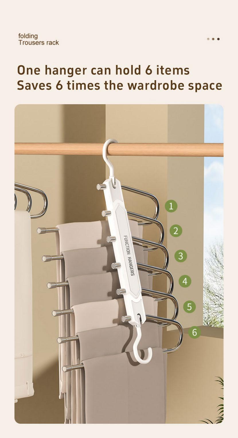 6 Layer Pants Hanger Space Saving Closet Organizer with 65mm Wide Spacing, Anti-Slip Multifunctional Pants Rack for Jeans Trousers Wardrobe